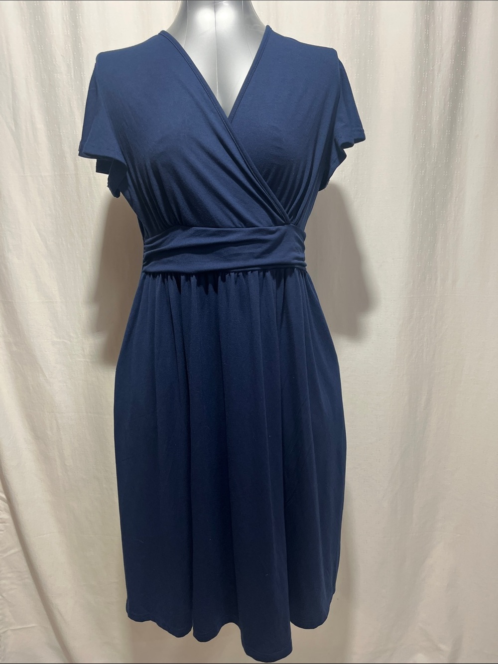 Classic Navy Wrap Midi Dress with Waist band. Side pockets, 1121.